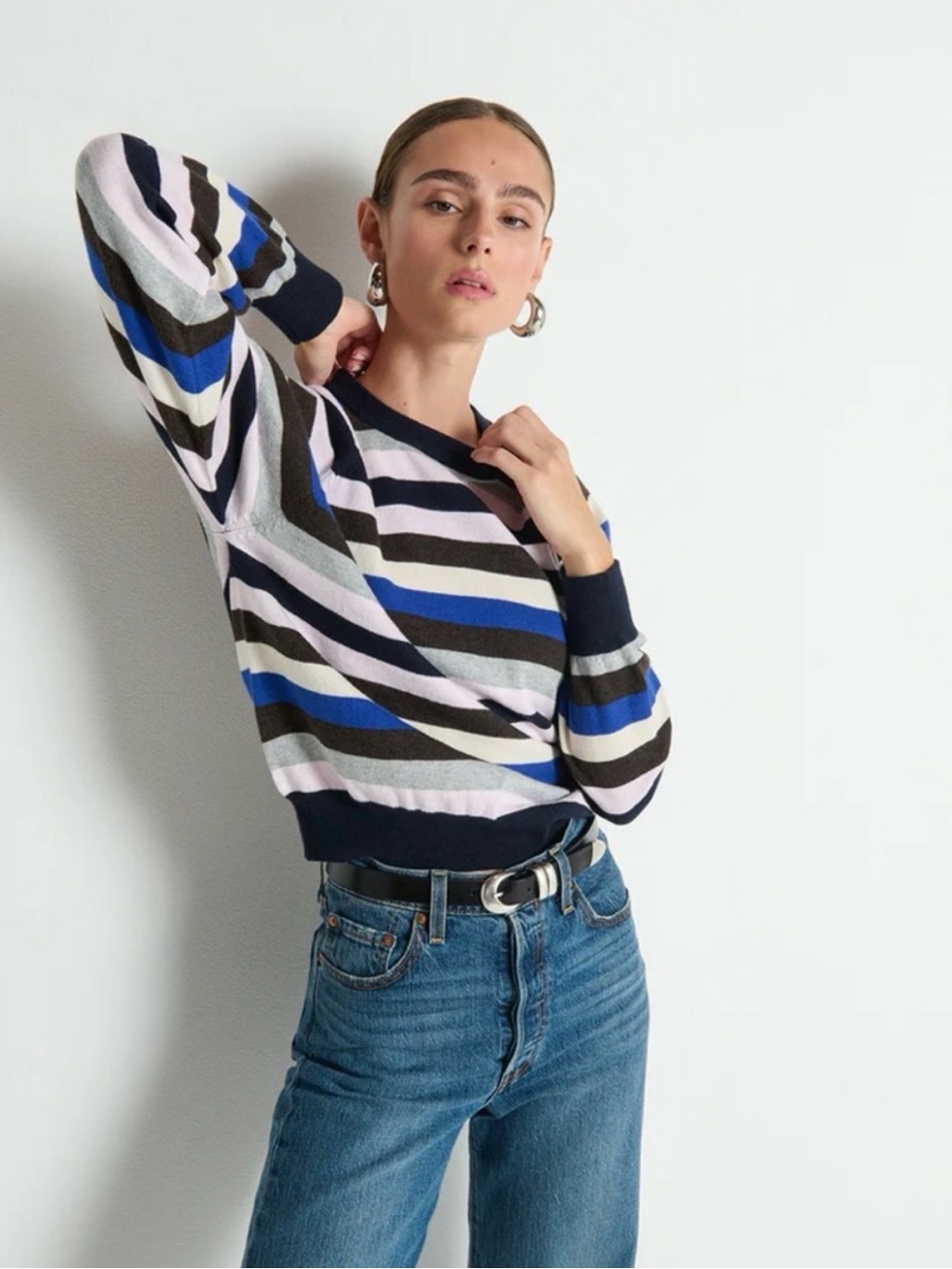 Nation LTD Women's Blue, Navy, Gray & White Striped Crewneck Sweater